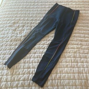 Sweaty Betty Power High Waisted Leggings, long, navy with rainbow piping.